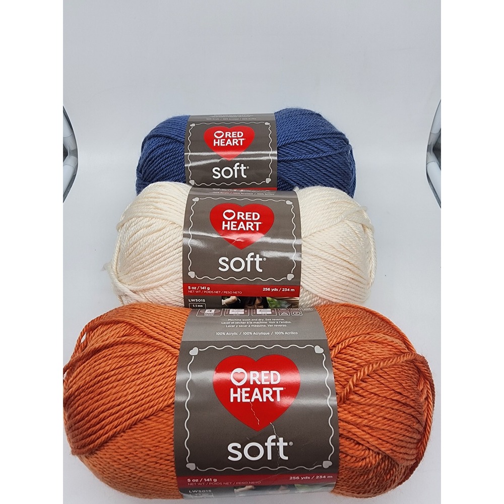 Red Heart Soft Yarn Lot 3 Skeins Tangerine Off White Mid Blue 100% Acrylic 4 Med